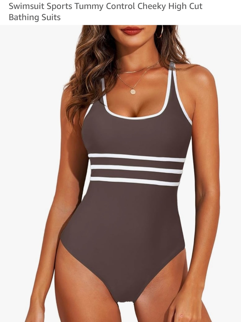Sleek Brown One-Piece Swimsuit with White Trim